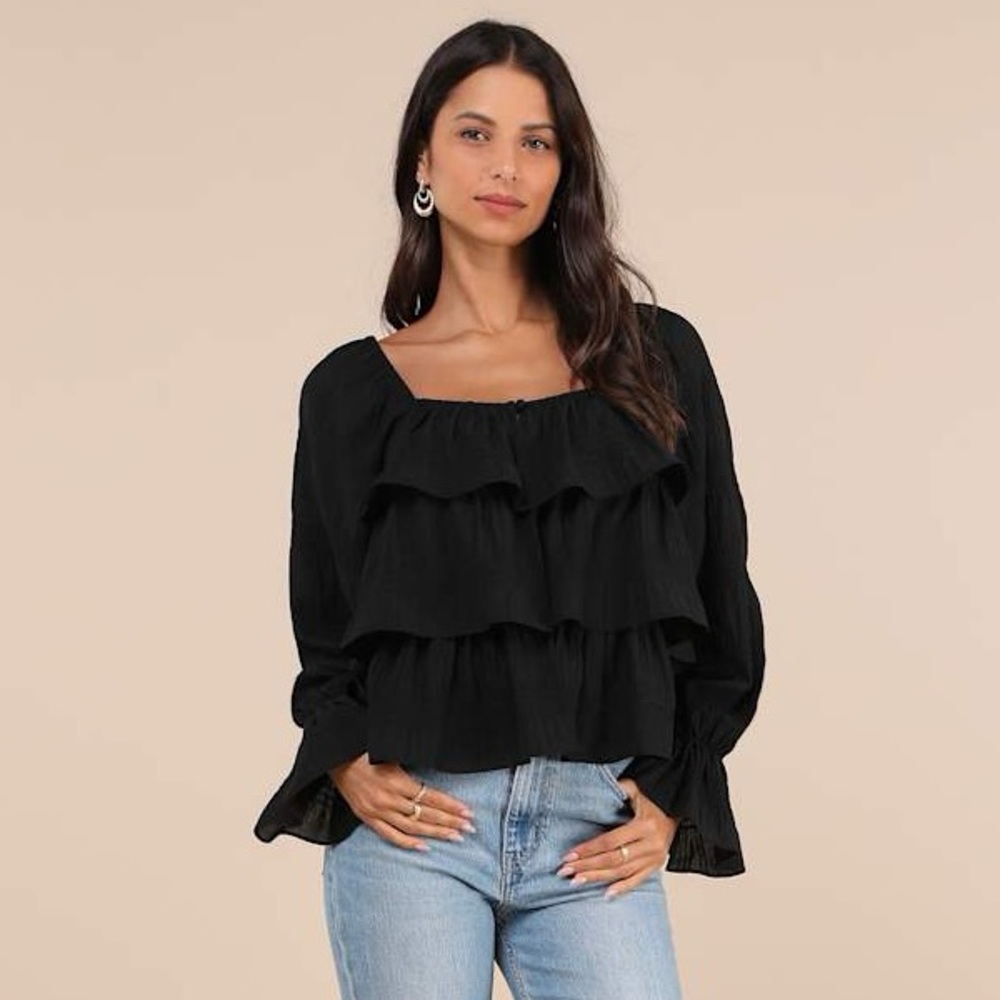 NEW! Time and Tru Black Long Sleeve off-the-shoulder Ruffle Blouse Top NWT - XL - Picture 3 of 16